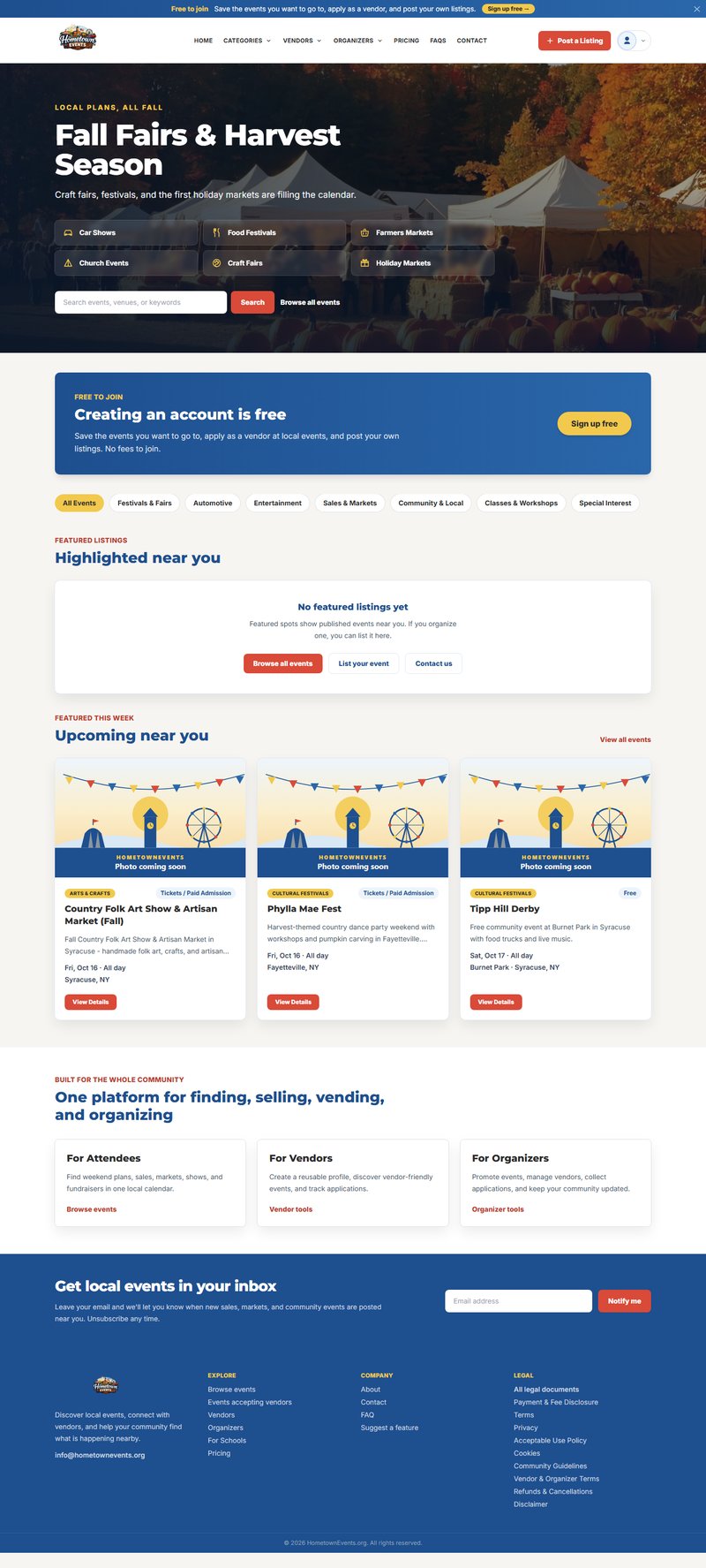 The HometownEvents homepage, top to bottom