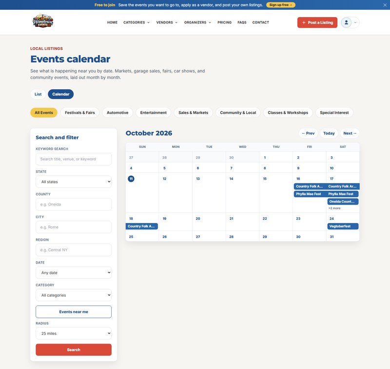 Events calendar page for October 2026