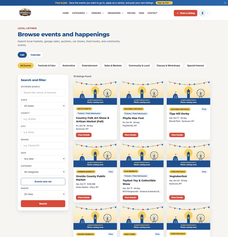 Browse events page with event cards